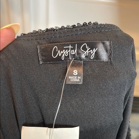 NWT Crystal Sky Black Sequin Mini Dress Long Sleeve Belted Party Holiday Dress S - Picture 2 of 6